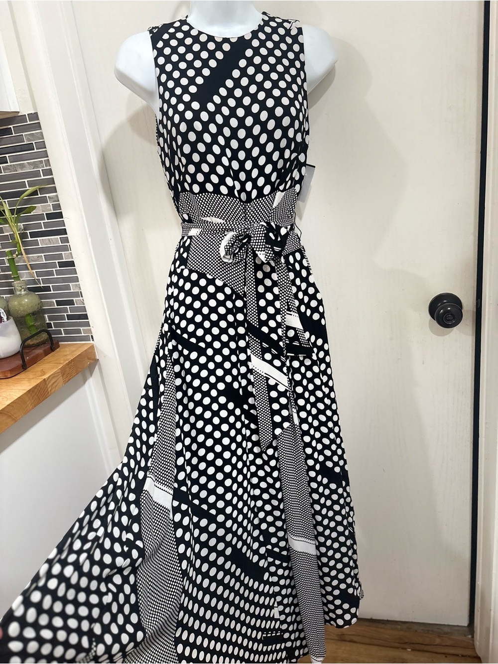 Karen Millen Black and White Polka Dot Maxi Dress with Waist Tie